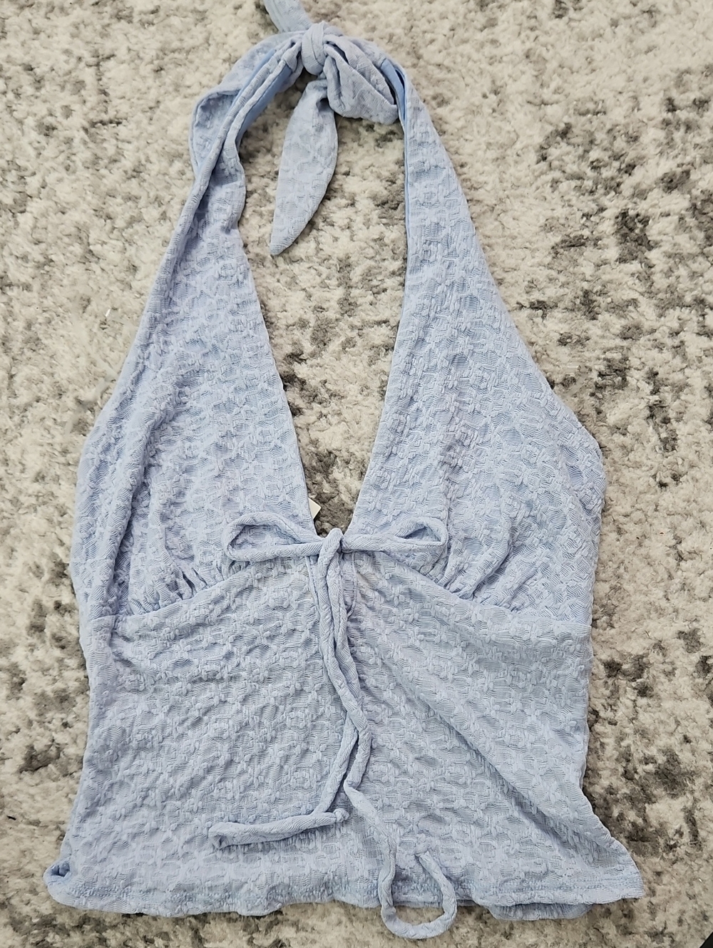 See You Monday Light Blue Halter Tie Front Textured Tank